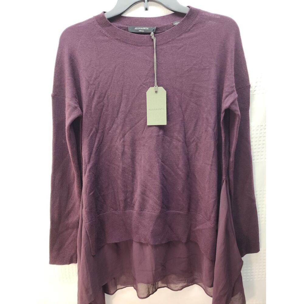 All Saints Sweater Womens Large Libby Crew Neck 100% Merino Wool Purple High Low - Picture 6 of 12